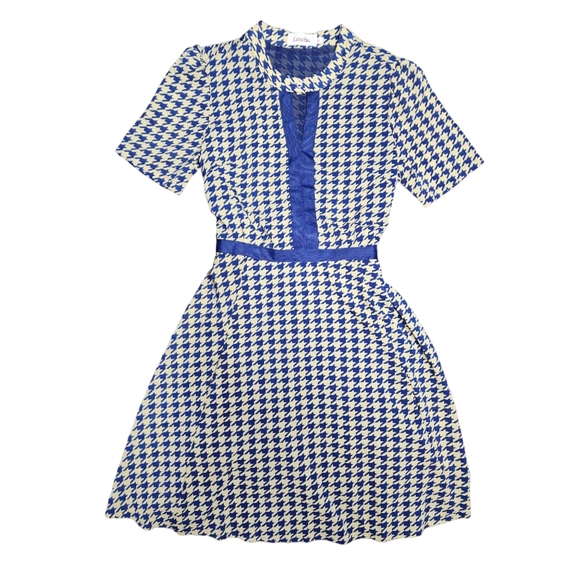 Louche Mustard & Blue Houndstooth Fit & Flare Dress Size 12 (UK) - Picture 3 of 15